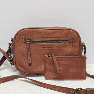 American Leather Co Genuine Cognac Brown Leather Crossbody Camera Bag And Wallet